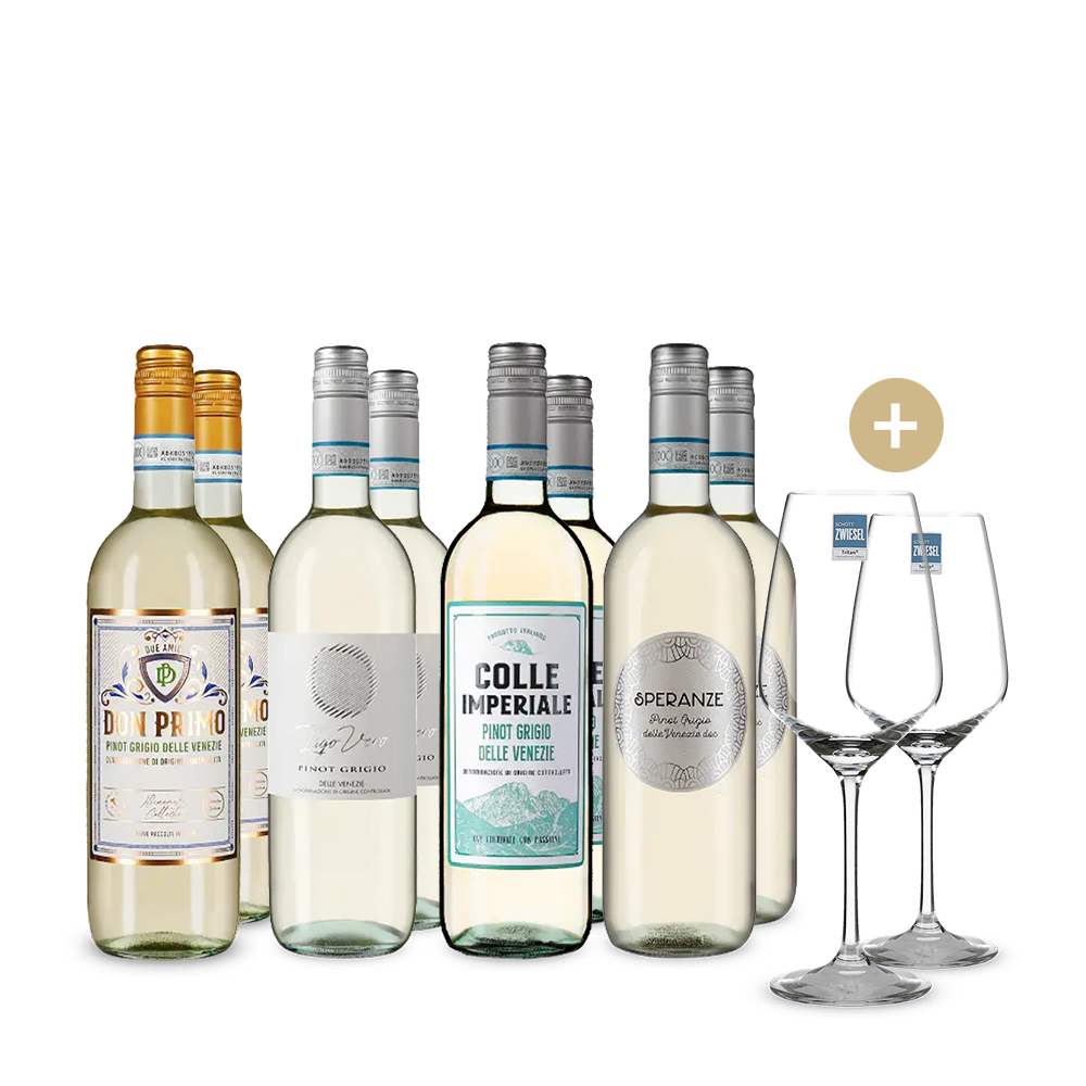 Pinot Grigio de top premiat cu aur în pachet de 4x2 sticle + 2 pahare de vin – Gold
