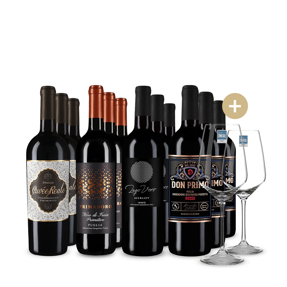 Vinuri roșii italiene de top în pachet de 4x3 sticle + 2 pahare de vin – Gold