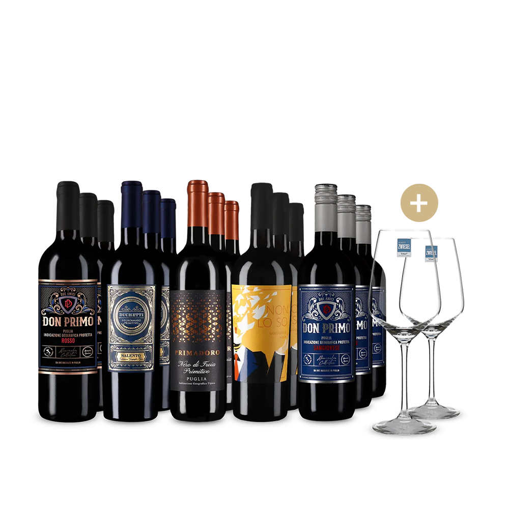Vinuri roșii din Apulia în pachet de 5x3 sticle + 2 pahare de vin – Gold