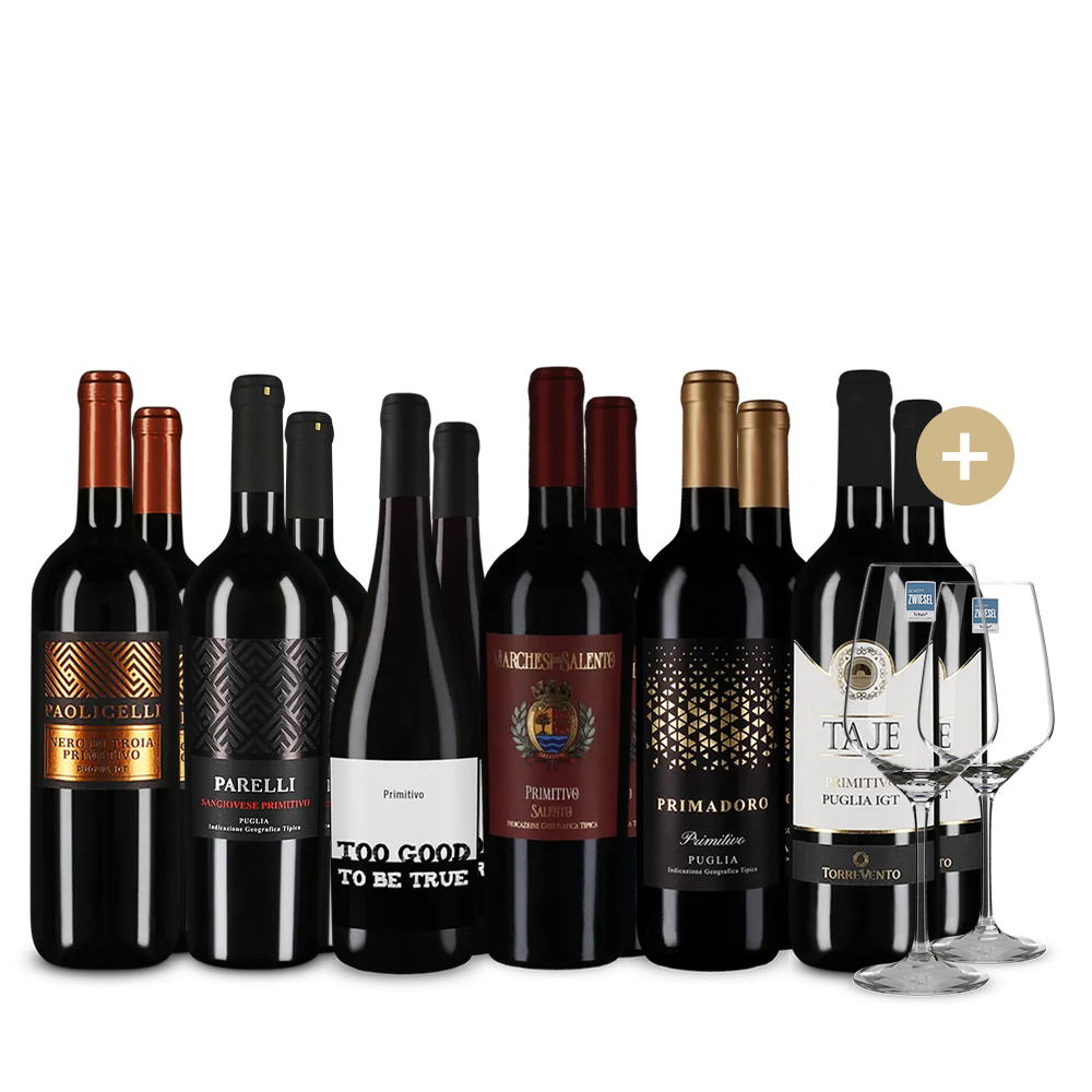 Primitivo XXL: vedetele în pachet de 6x2 sticle + 2 pahare de vin – Gold