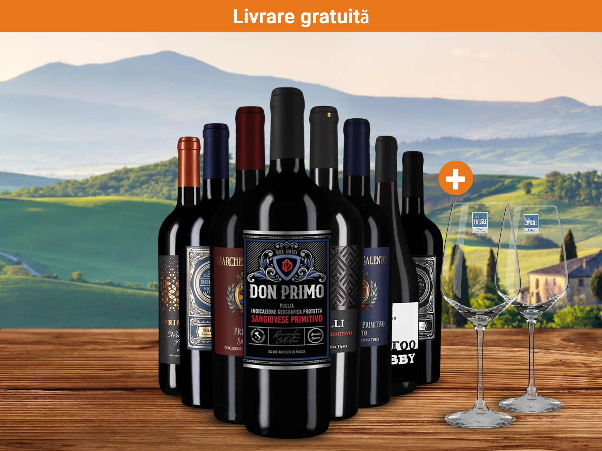 Primitivo premiat cu aur în pachet de 8 sticle + 2 pahare Schott-Zwiesel