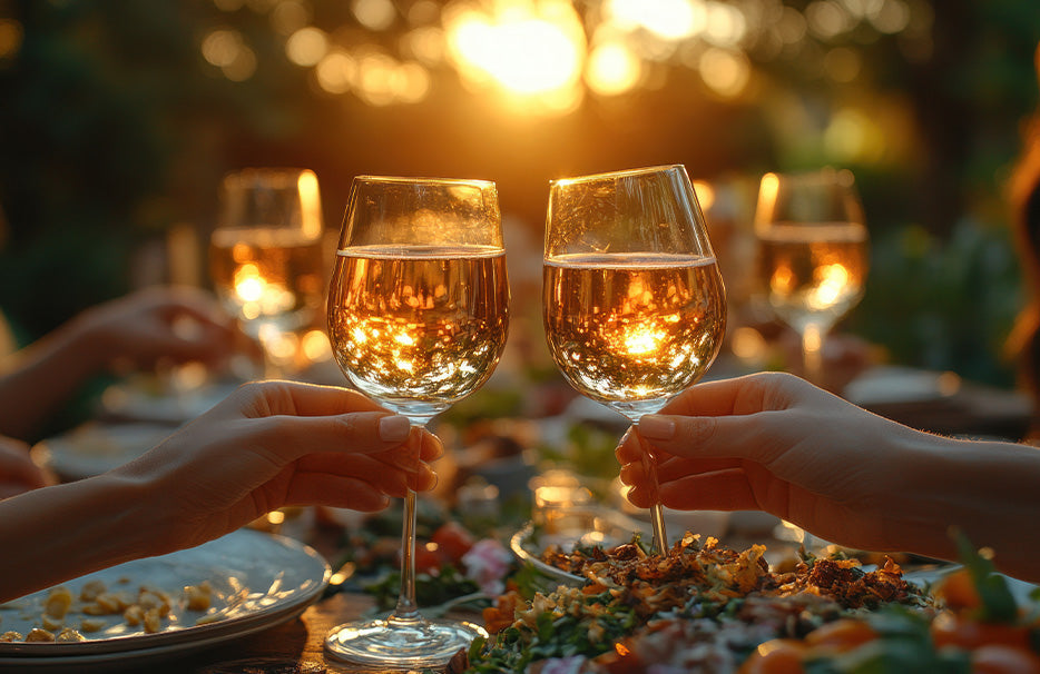 Imagine atmosferică, într-o seară de vară, cu pahare de vin ciocnite.