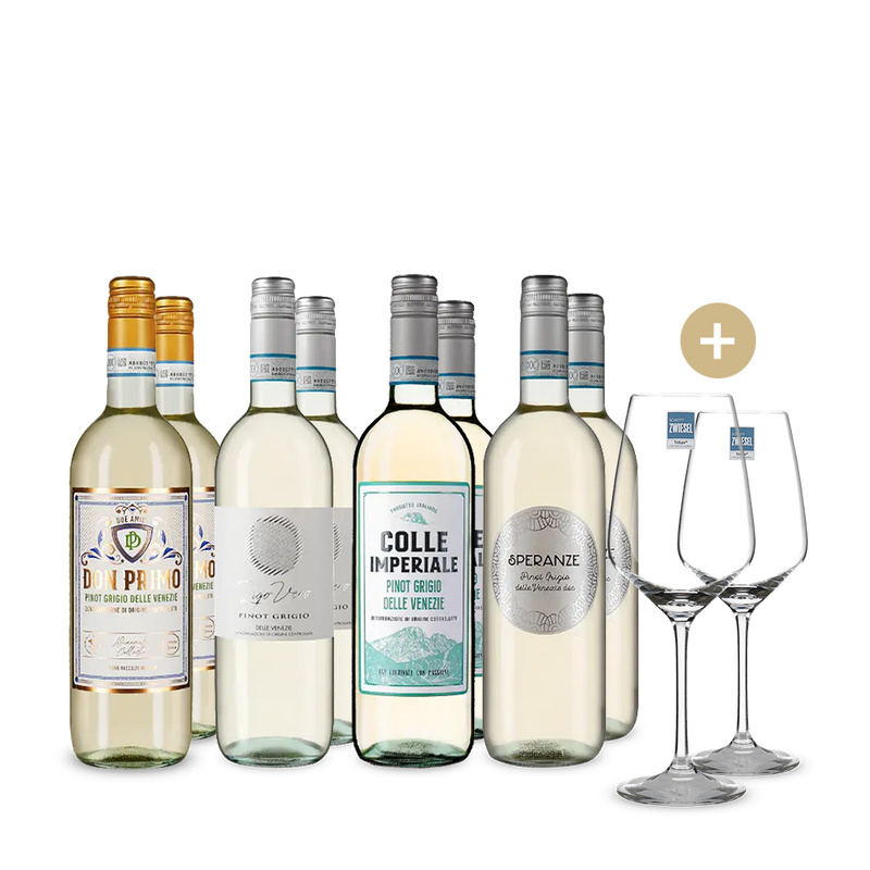 Pinot Grigio de top premiat cu aur în pachet de 4x2 sticle + 2 pahare de vin – Gold