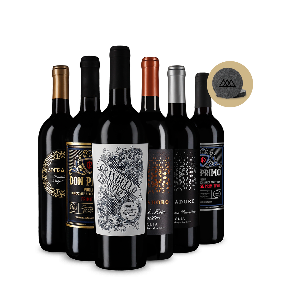 Primitivo de top în pachet de 6 sticle + Suporturi din fetru pentru pahare