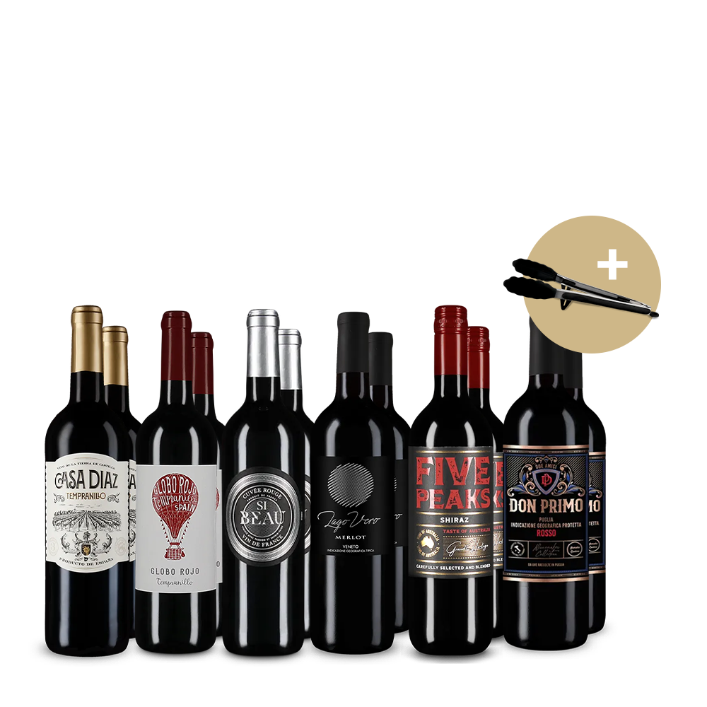 Vinuri roșii de top pentru sezonul grătarelor în pachet de 6x2 sticle + Clește de grătar – Gold
