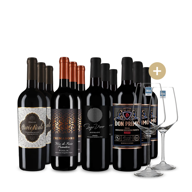 Vinuri roșii italiene de top în pachet de 4x3 sticle + 2 pahare de vin – Gold