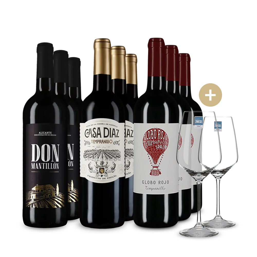 Tinto spaniol în pachet de 3x3 sticle + 2 pahare de vin – Gold