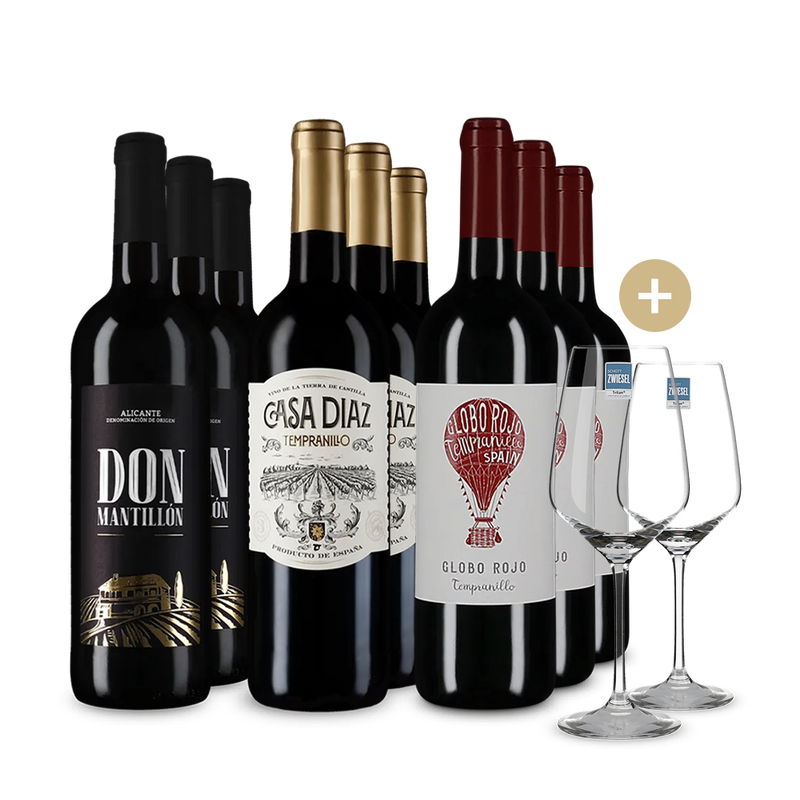 Tinto spaniol în pachet de 3x3 sticle + 2 pahare de vin – Gold