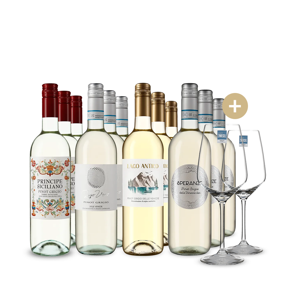 Pinot Grigio: vedetele în pachet de 4x3 sticle + 2 pahare de vin – Gold