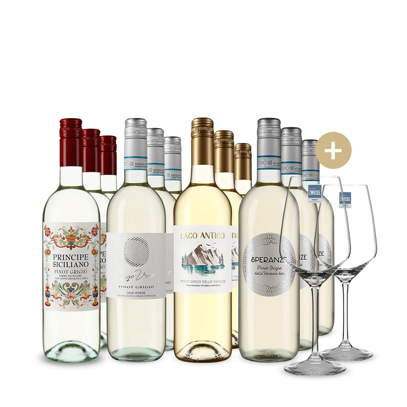 Pinot Grigio: vedetele în pachet de 4x3 sticle + 2 pahare de vin – Gold
