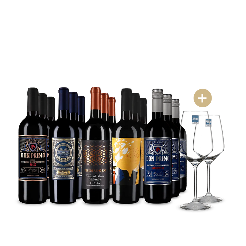 Vinuri roșii din Apulia în pachet de 5x3 sticle + 2 pahare de vin – Gold