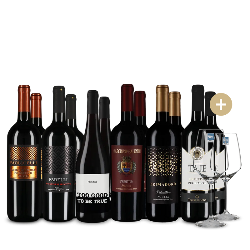 Primitivo XXL: vedetele în pachet de 6x2 sticle + 2 pahare de vin – Gold