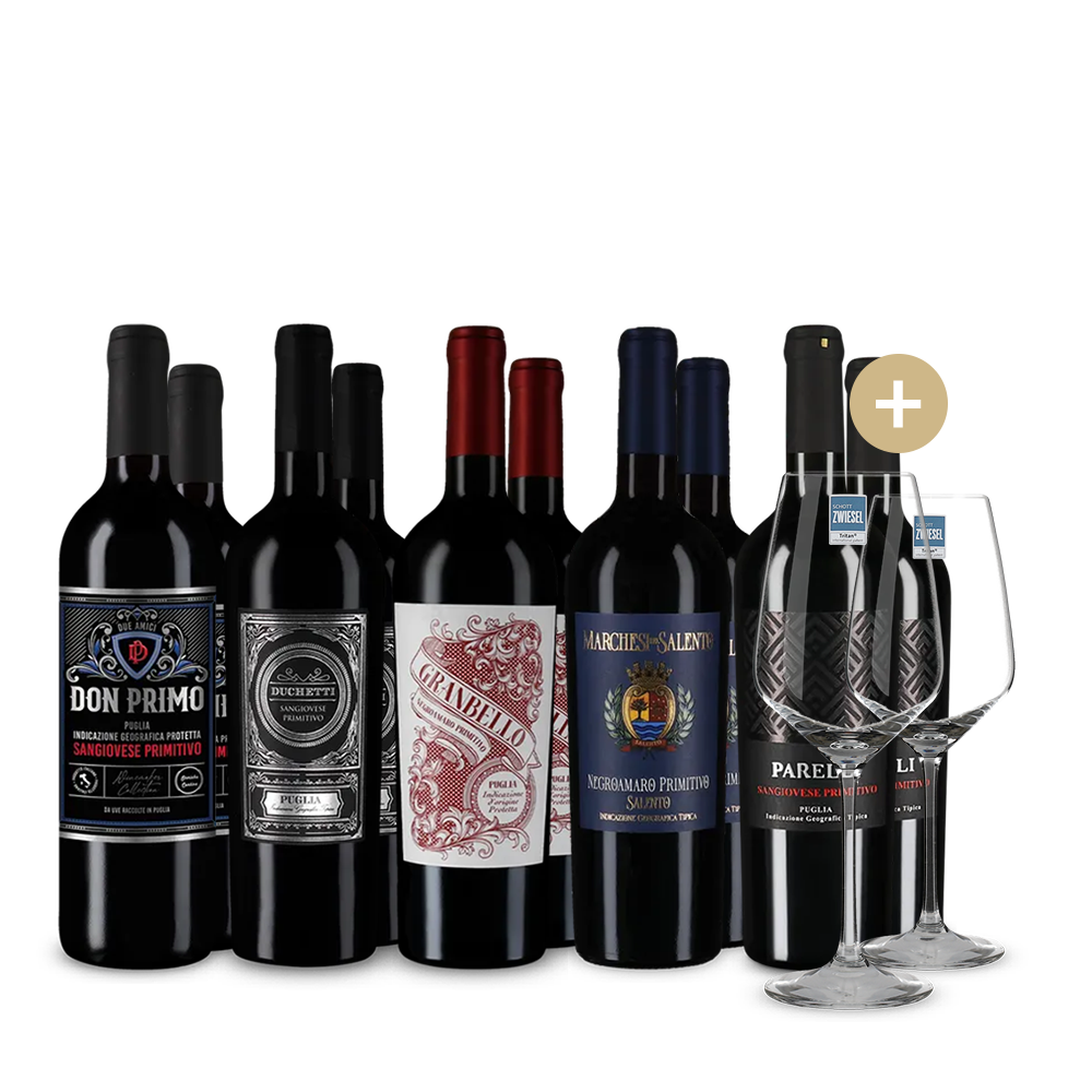 Primitivo de top în pachet de 5x2 sticle + 2 pahare de vin