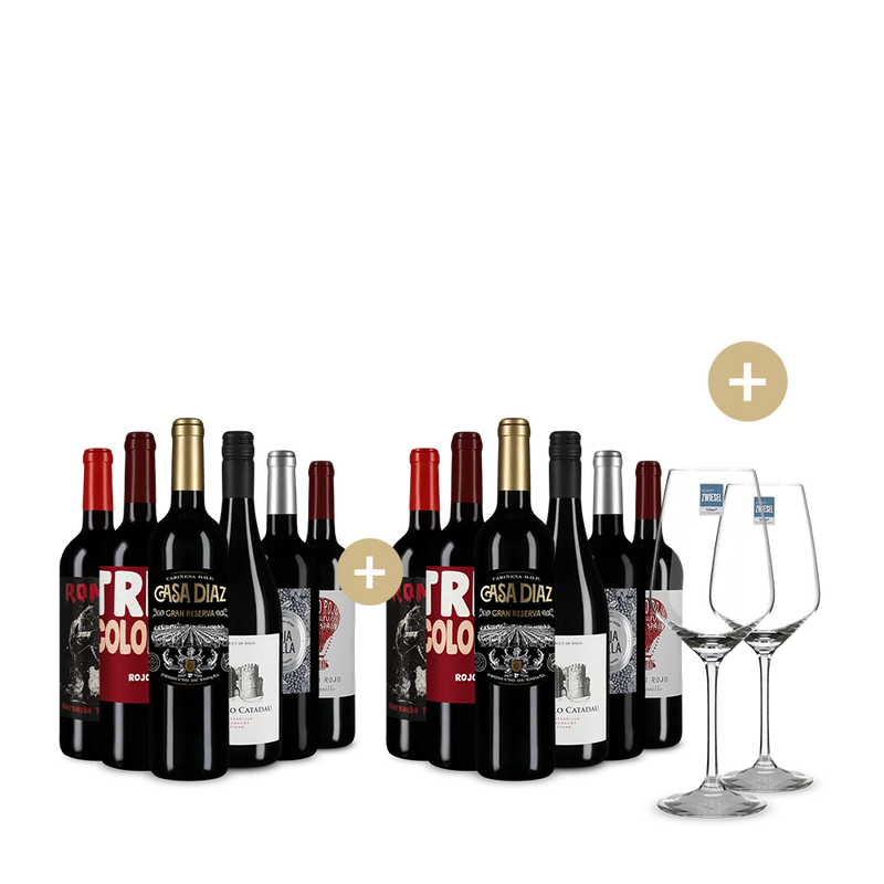 6+6 sticle: vinuri roșii de top + 2 pahare de vin – Gold