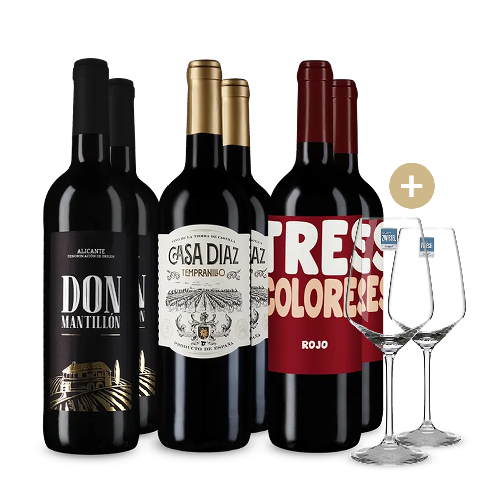 Vinuri roșii festive spaniole în pachet de 3x2 sticle + 2 pahare de vin