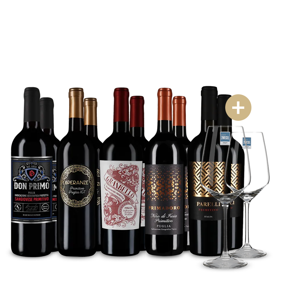 Primitivo XXL: vedetele în pachet de 5x2 sticle + 2 pahare de vin
