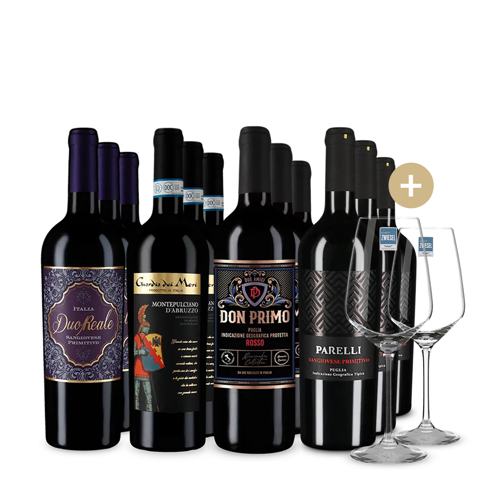 Vin roșu italian de top în pachet de 4x3 sticle + 2 pahare de vin – Gold