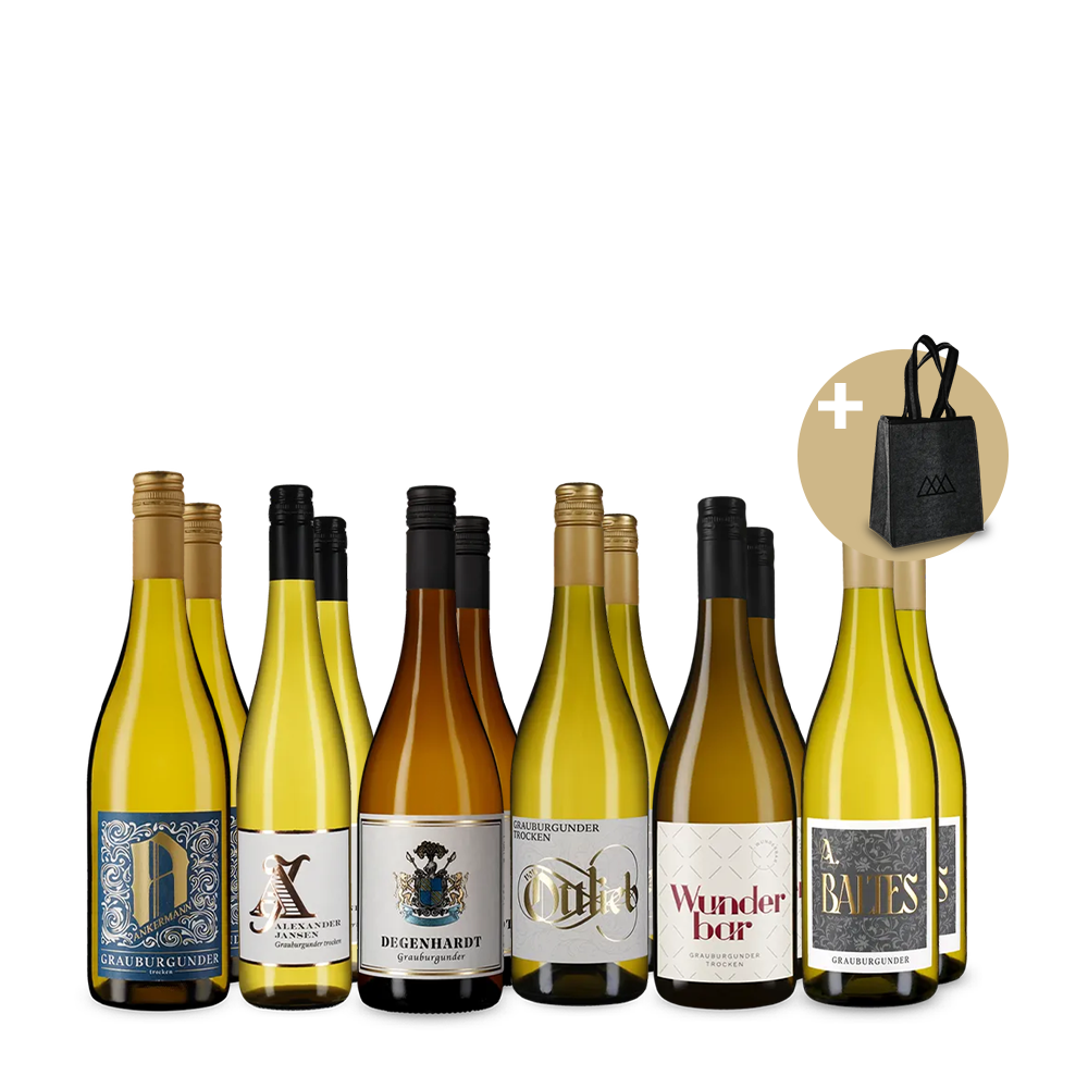 Pinot Gris de top din Pfalz in pachet de 6x2 sticle + Plasă de transport din fetru pentru 6 sticle – Gold