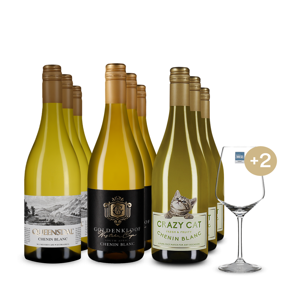 Momente pline de savoare cu Chenin Blanc în pachet de 3x3 sticle + 2 pahare de vin