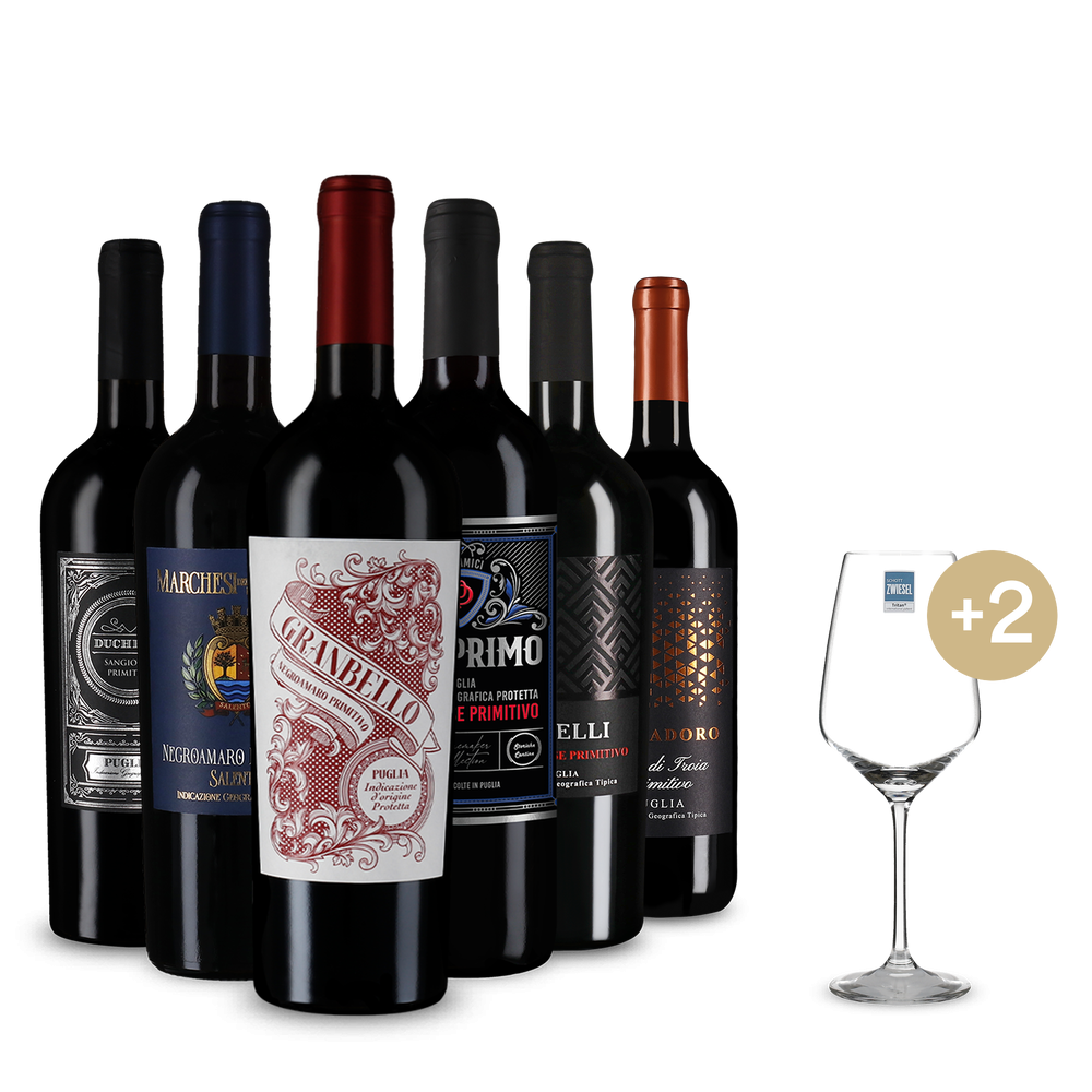 Primitivo de top + 2 pahare de vin în pachet de 6 sticle