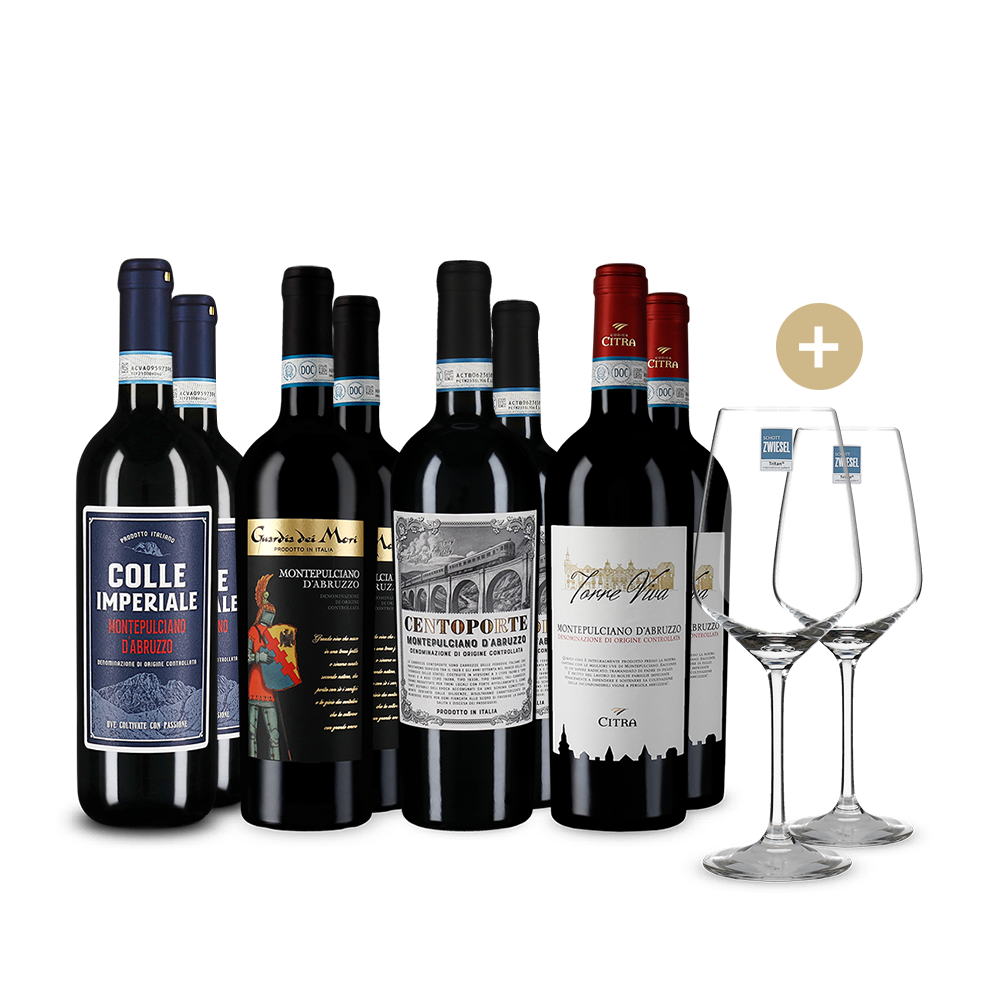 Premiat cu aur: Montepulciano d'Abruzzo în pachet de 4x2 sticle + 2 pahare de vin