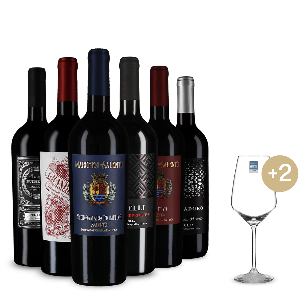 Primitivo de top în pachet de 6 sticle + 2 pahare de vin