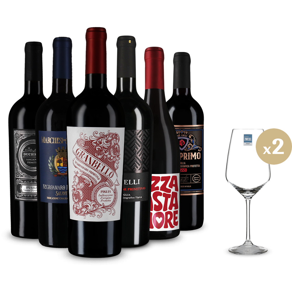 Primitivo & mai mult: Vin roșu de top în pachet de 6 sticle + 2 pahare de vin