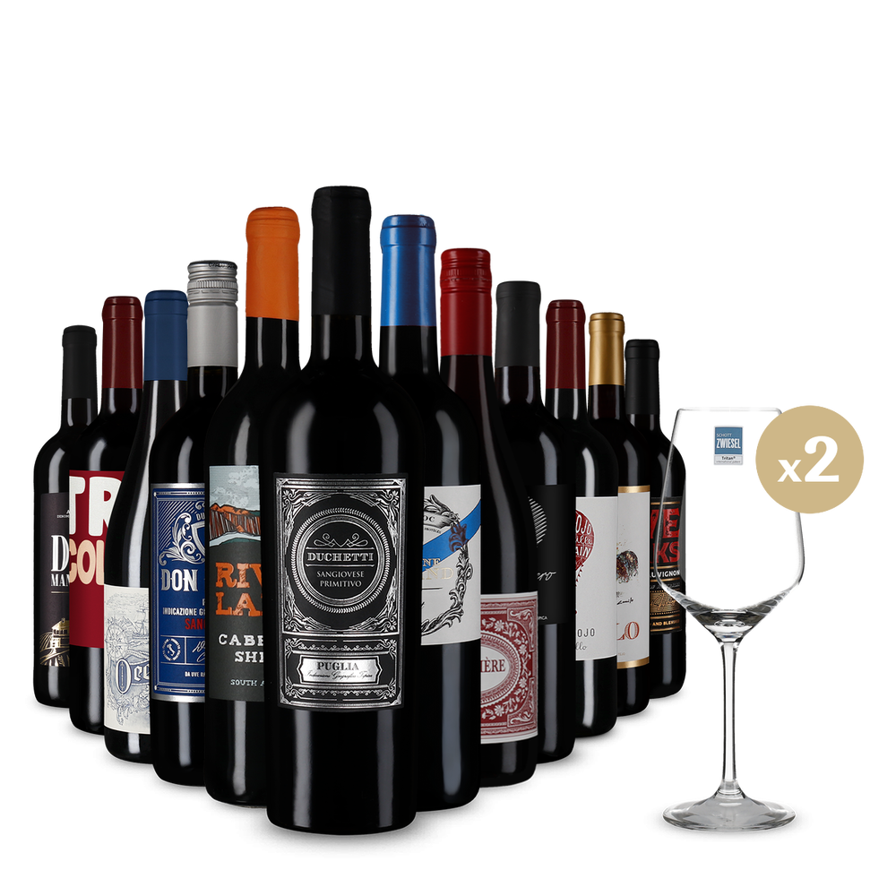 Călătorie a vinului roșu în pachet de 12 sticle + 2 pahare de vin – Gold