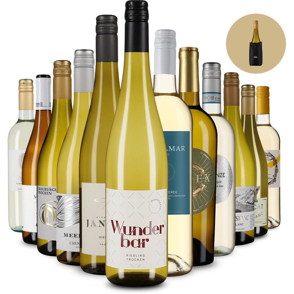 Vin alb internațional de top în pachet de 12 sticle + Răcitor de sticle – Gold