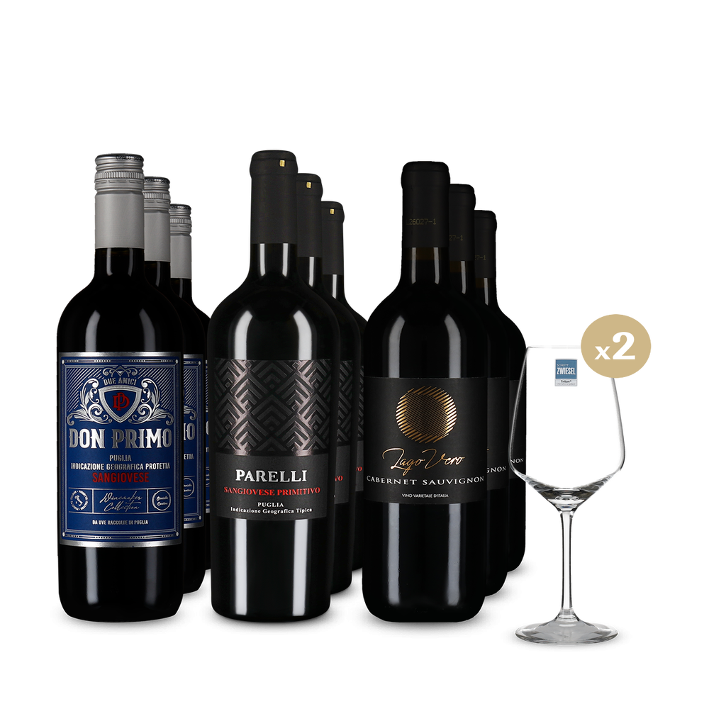 Vin roșu italian de top în pachet de 3x3 sticle + 2 pahare de vin