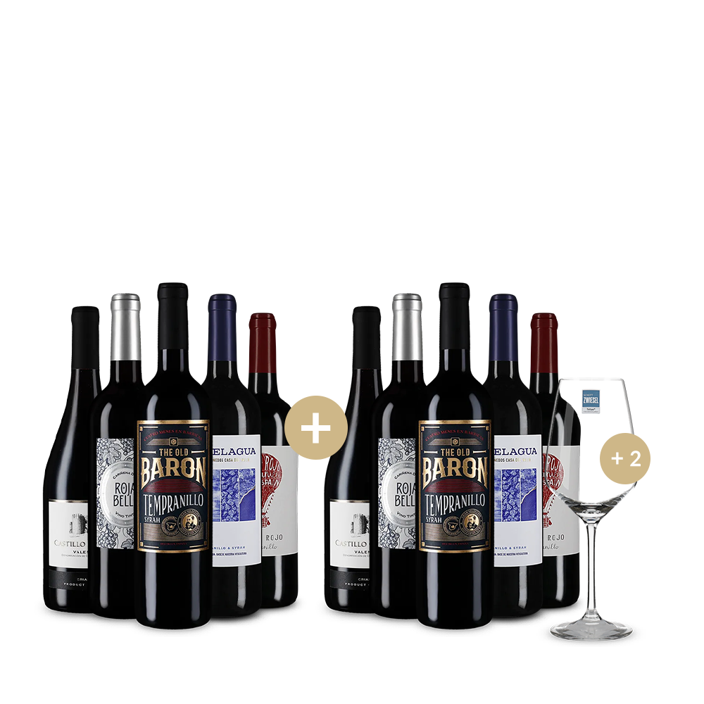 Pachet de 5+5 sticle: Vinuri roșii spaniole + 2 pahare de vin