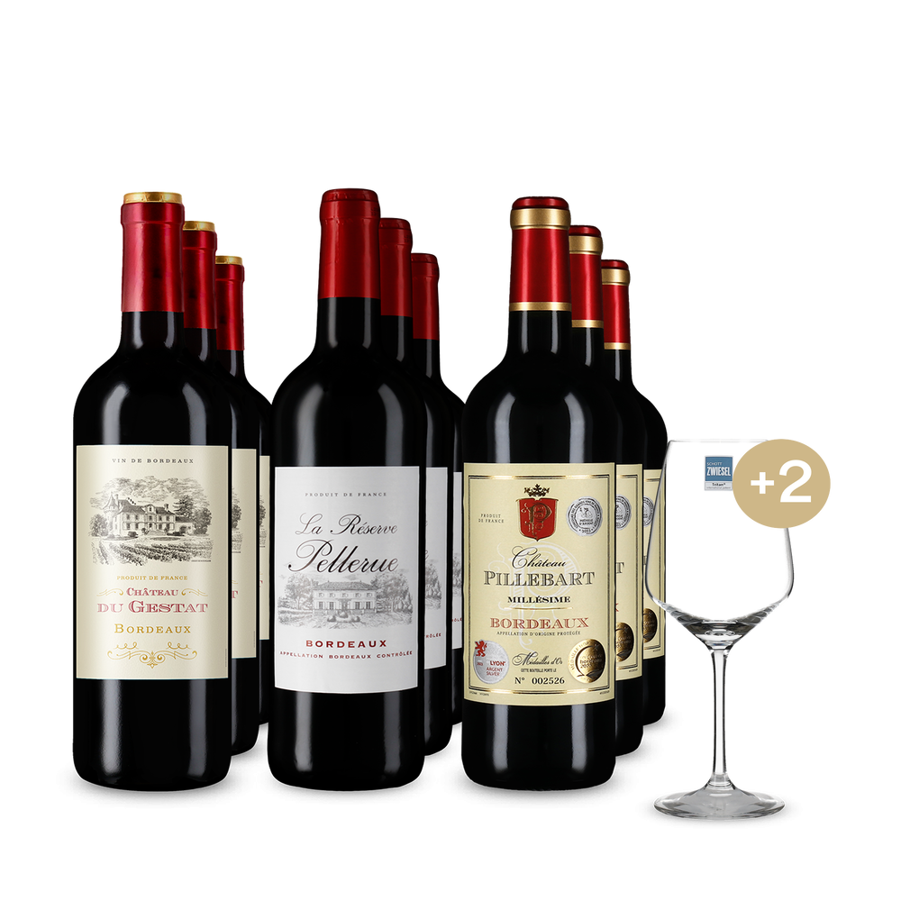 Selecție de Bordeaux în pachet de 3x3 sticle + 2 pahare de vin & Transport gratuit