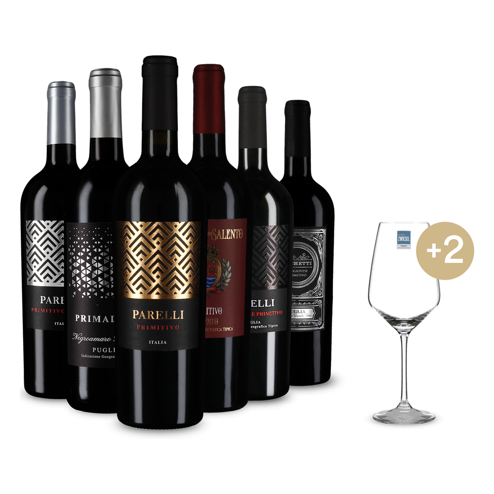 Descoperiți Primitivo în pachet de 6x1 sticle + 2 pahare de vin & Transport gratuit