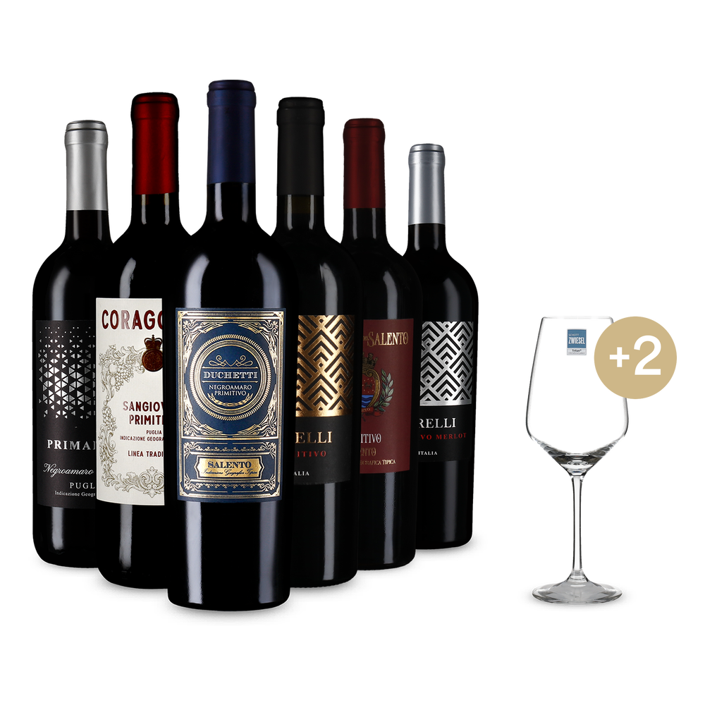 Descoperiți Primitivo în pachet de 6x1 sticle + 2 pahare de vin & Transport gratuit