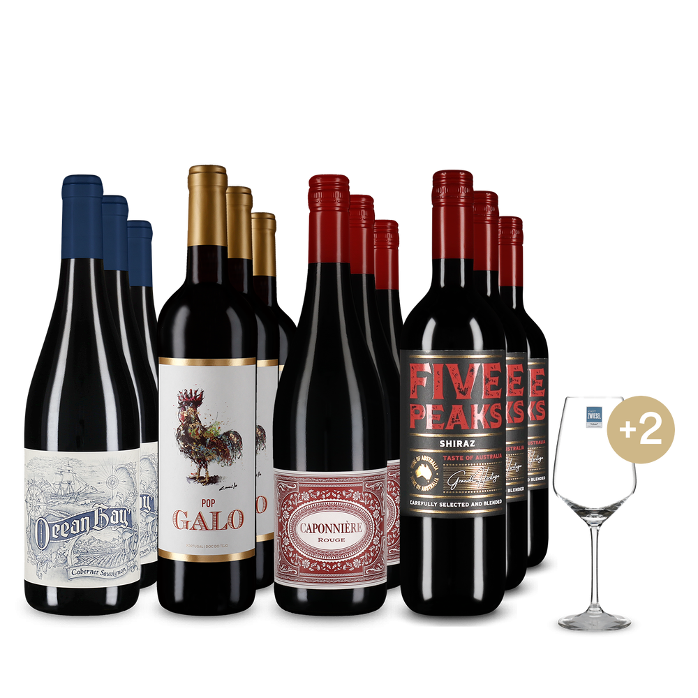 4x3 Momente de vin roșu din întreaga lume + 2 pahare de vin