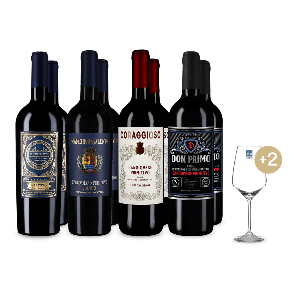 4x2 Pachet de savoare Primitivo + 2 pahare de vin