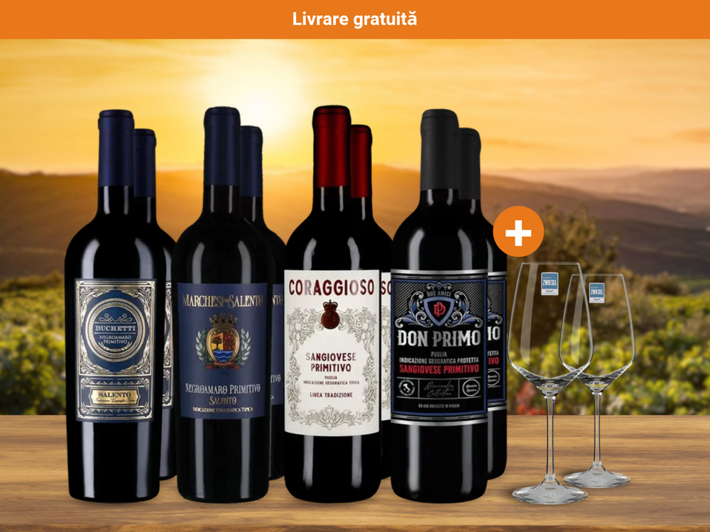 4x2 Pachet de savoare Primitivo + 2 pahare de vin