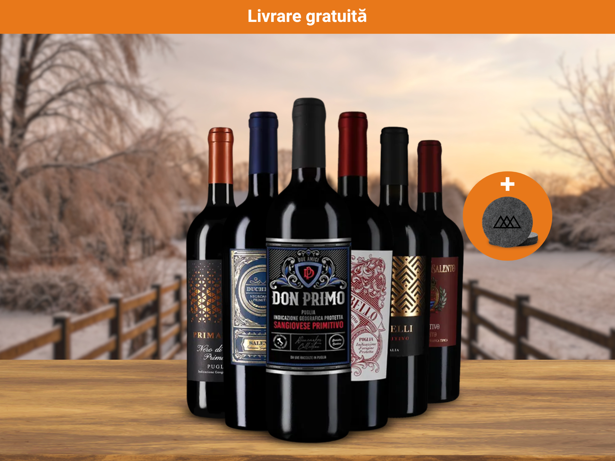 Primitivo de top în pachet de 6 sticle + Suporturi din fetru pentru pahare