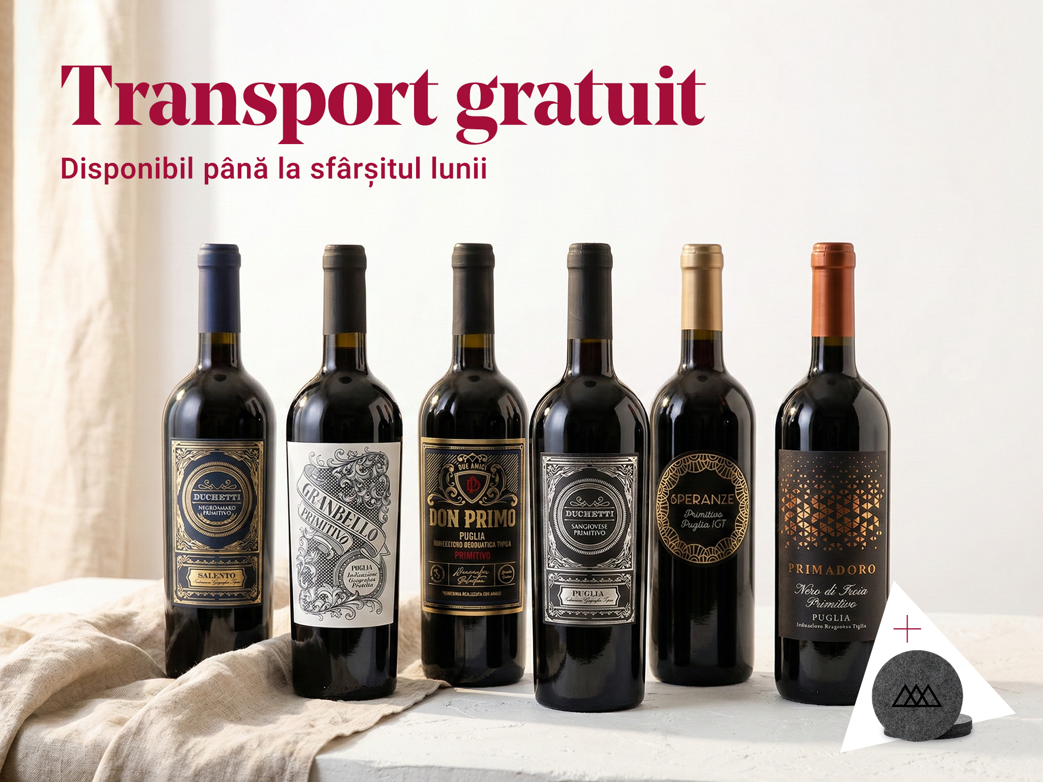 Primitivo de top în pachet de 6 sticle + Suporturi din fetru pentru pahare